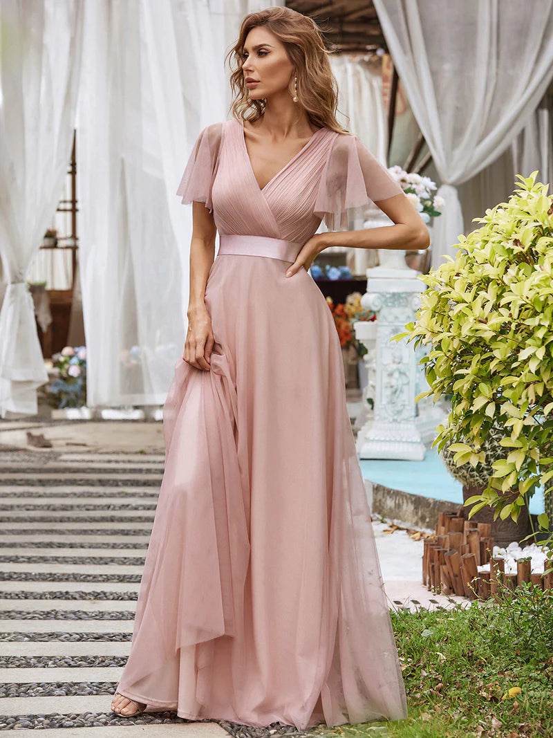 Elegant V-Neck A-Line Bridesmaid Dress – Floor-Length Gown - Biamonde